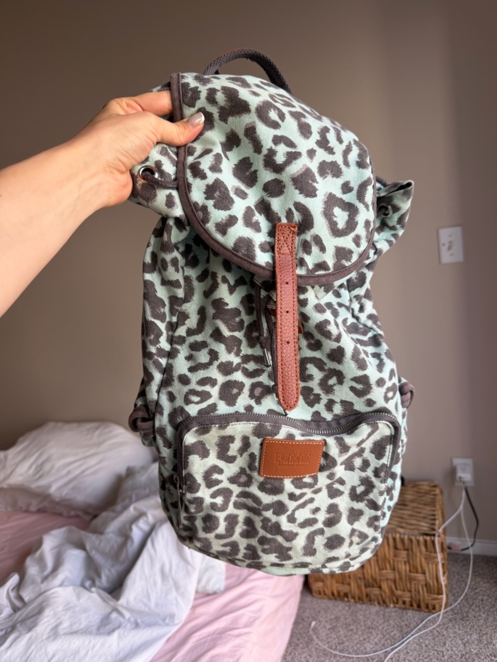 Victoria's Secret PINK Mint and Brown Leopard Canvas Backpack